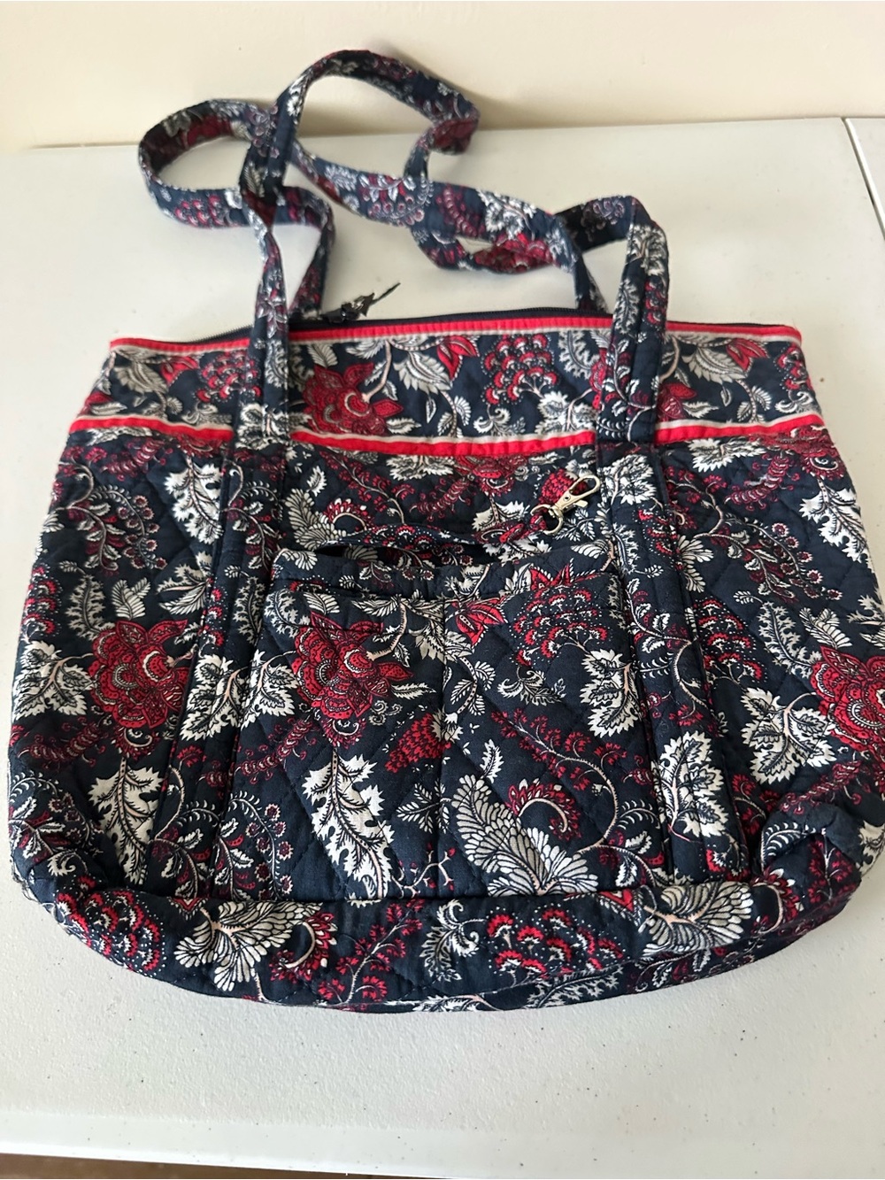 Vera Bradley Quilted Floral Tote Bag in Navy, Red & White pre-owned
